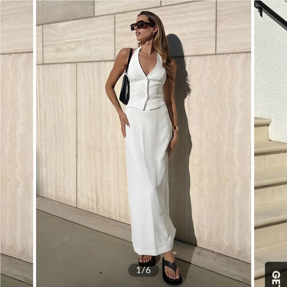 Commense Solid V-neck backless tie up & split maxi skirt set (white) - Medium